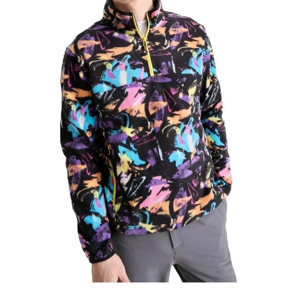 Chubbies Men Retro 90s Fleece Quarter Zip Pullover Neon Abstract Festival L